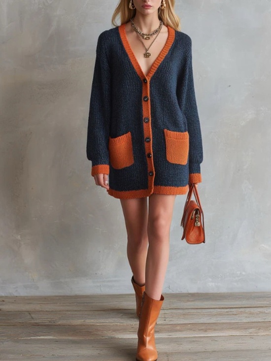 Moya Sweaters - Color-Block V-Neck Button-Down Knit Cardigan
